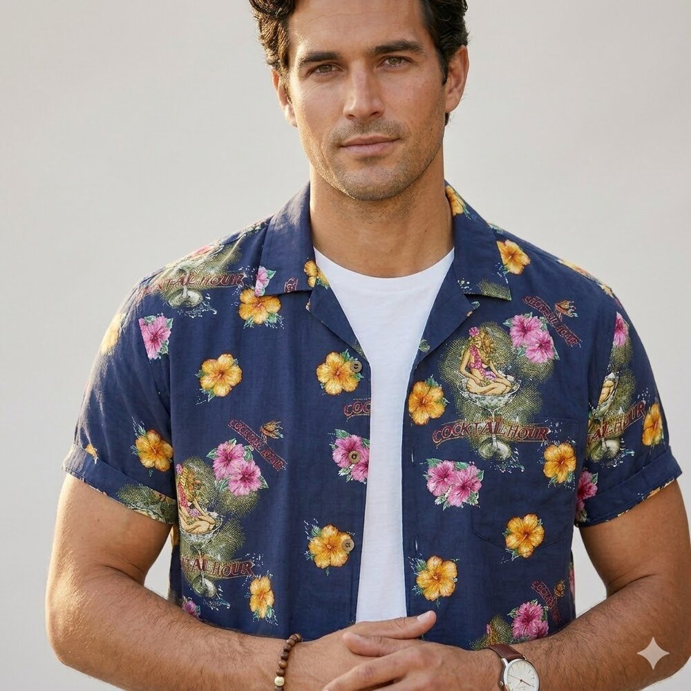 VTG Bahama Cruise Hawaiian Shirt XL Mens Navy Pinup Girl Martini Glass Cocktail